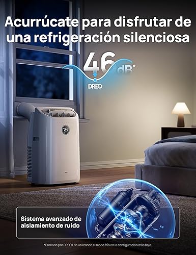 Características principales
Marca: Dreo

3 en 1: enfría, deshumidifica y ventila

Temporizador programable

Modo silencioso nocturno

Pantalla LED + control táctil y mando a distancia

Ruedas y asas para moverlo con facilidad

Potencia adecuada para habitaciones de hasta 25 m²

